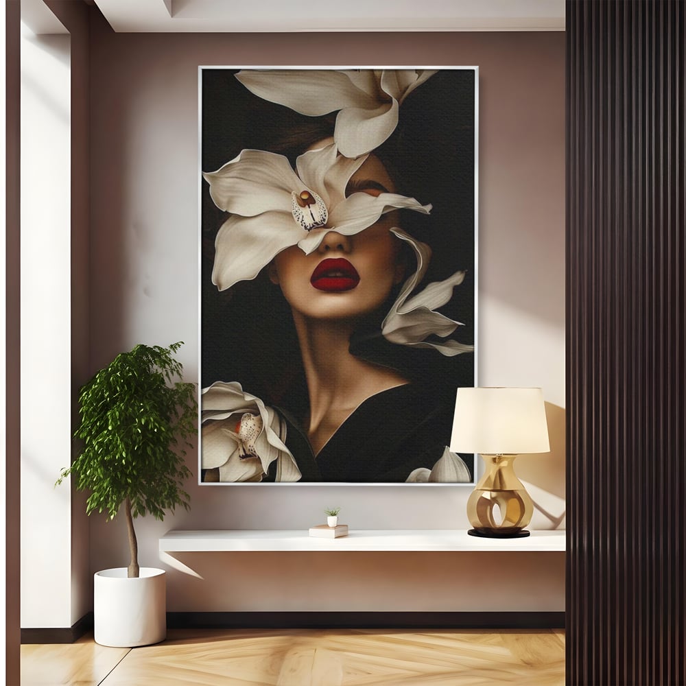 Tablou canvas cu tablou canvas cu femeie si orhidee, in rama de aluminiu argintiu